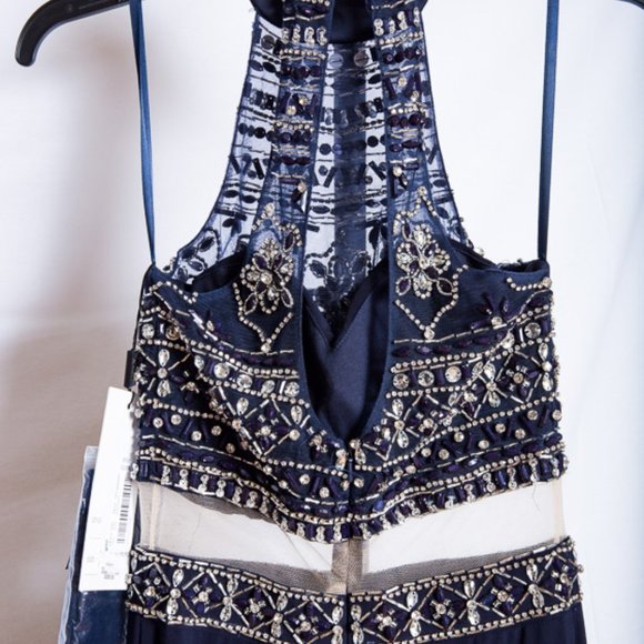 Coya Long Beaded Formal Blue Halter High Neck Keyhole Dress NWT $329 XS - Picture 6 of 14